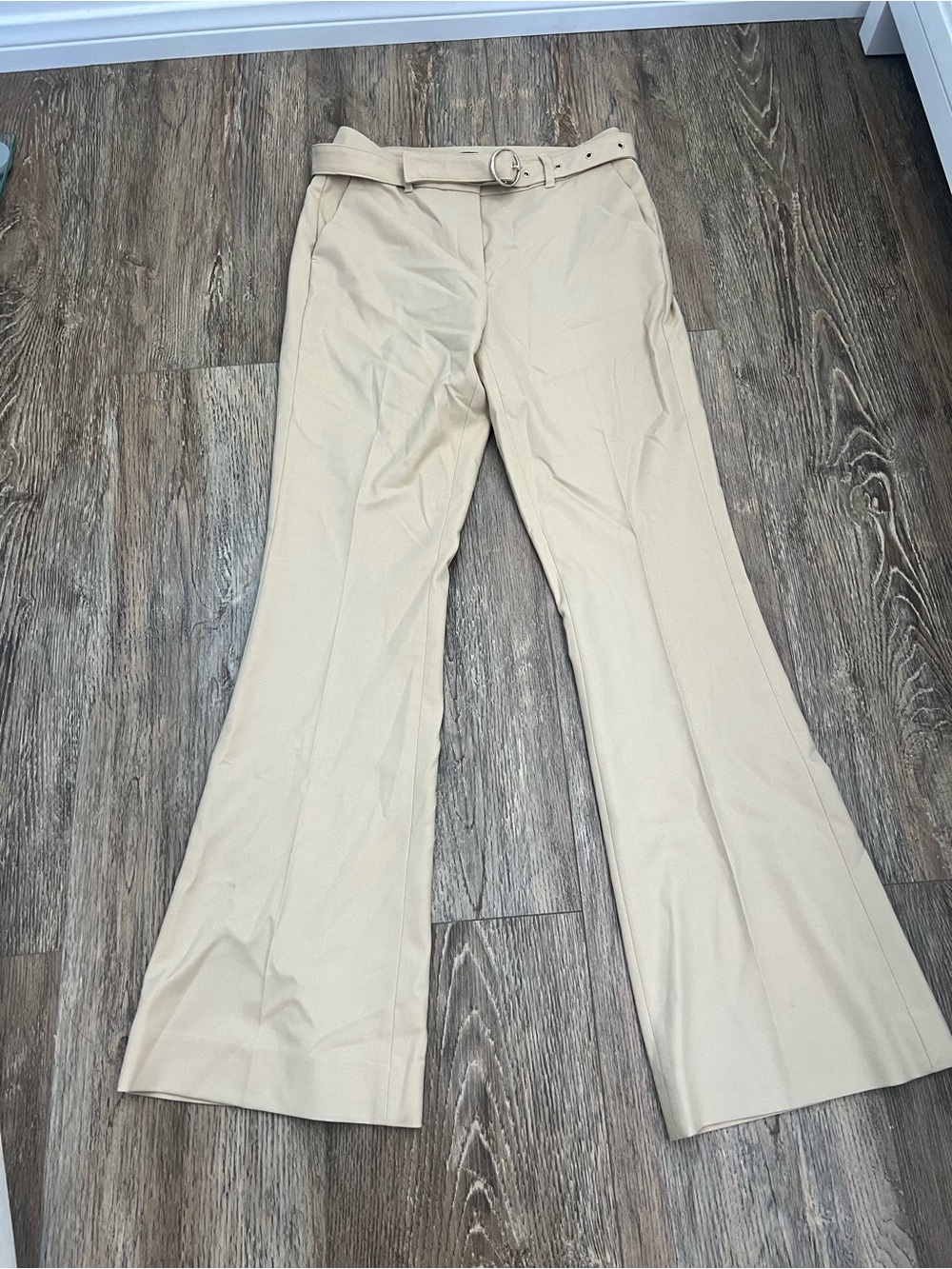 White House Black Market Cream Boot-Cut Belted Trousers